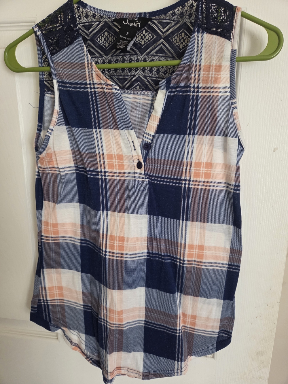 J for Justify Navy, Peach & White Plaid Sleeveless Henley